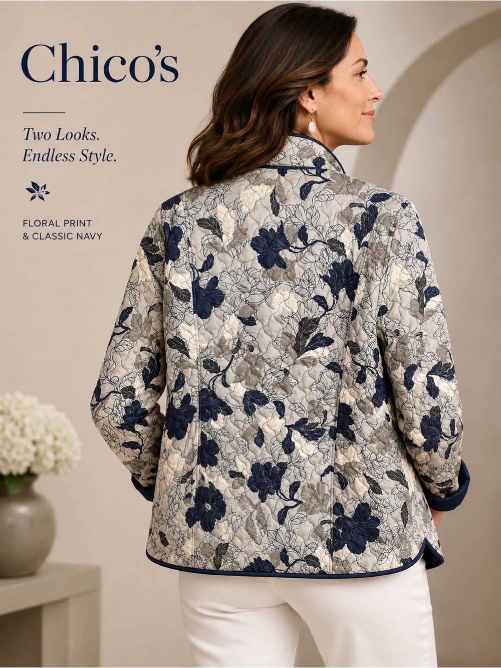 NWOT Chico’s Floral Print Navy Gray Light Puffer Reversible Jacket Sz 3 (XL/16) - Picture 2 of 12
